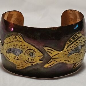 Mecnoen Mexico Copper Inlaid Abalone Multi Fish Cuff Bracelet